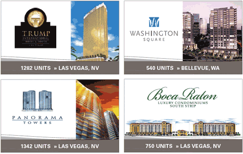 Image of 4 Multi Family clients including Trump Towers, Washington Square, Panorama Towers, and Boca Raton.